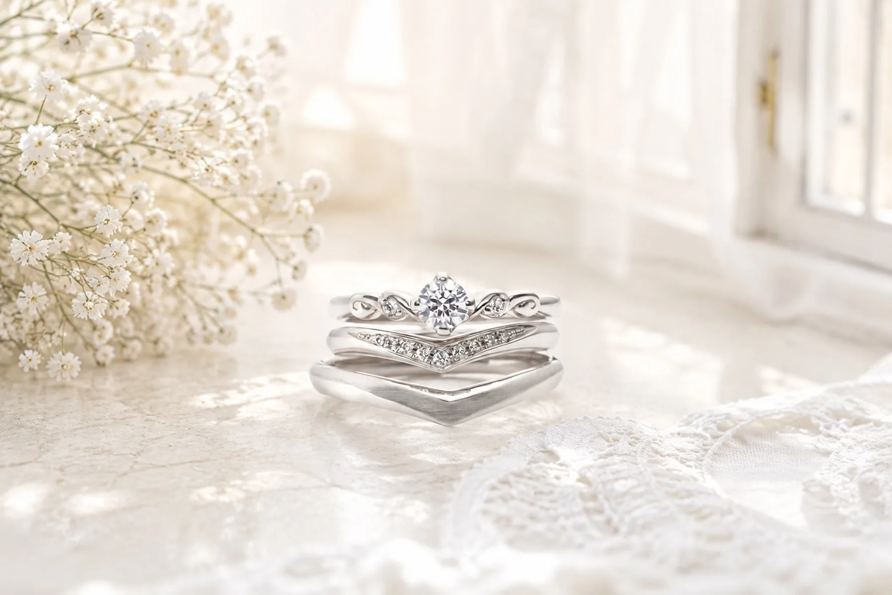 VIVAGE スピラル（Spirale）の婚約指輪と結婚指輪を重ね着けしたセットリング